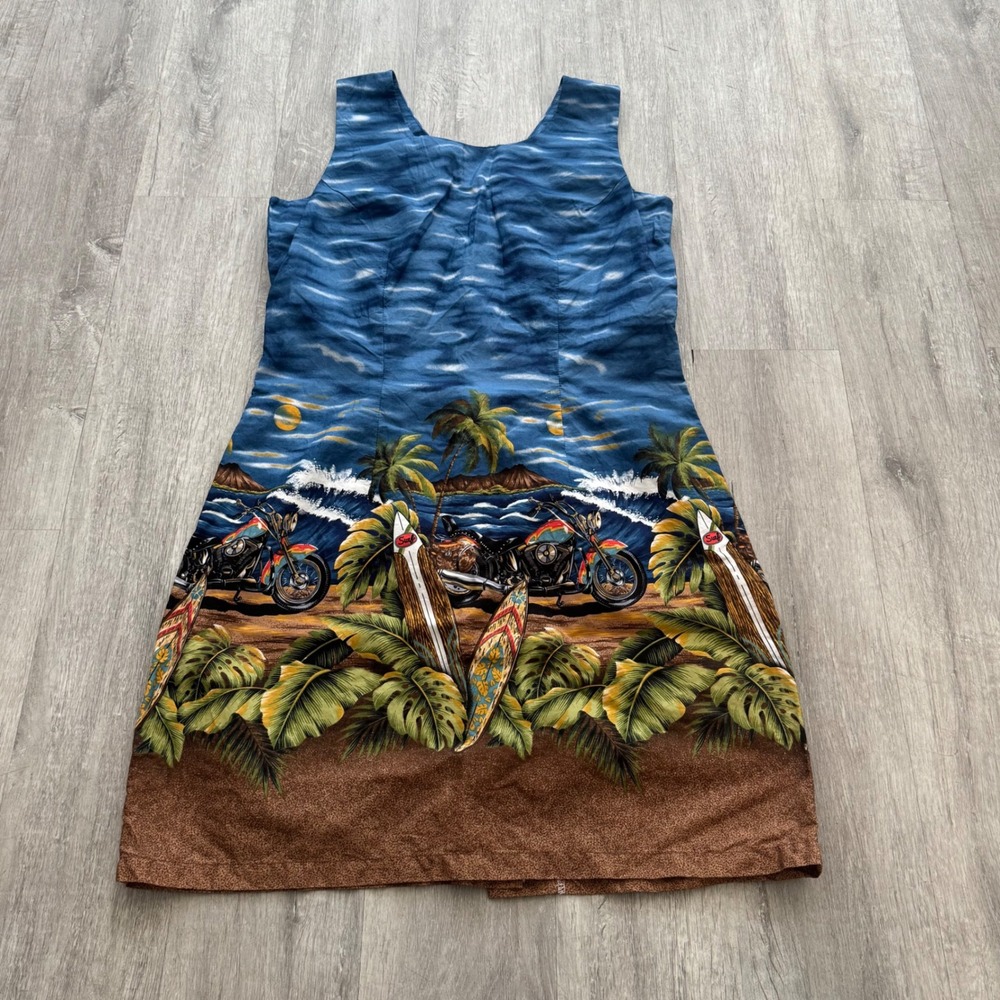 KY'S Hawaii Women Blue Tropical Motorcycle Surfboard Cotton Shift Dress Large